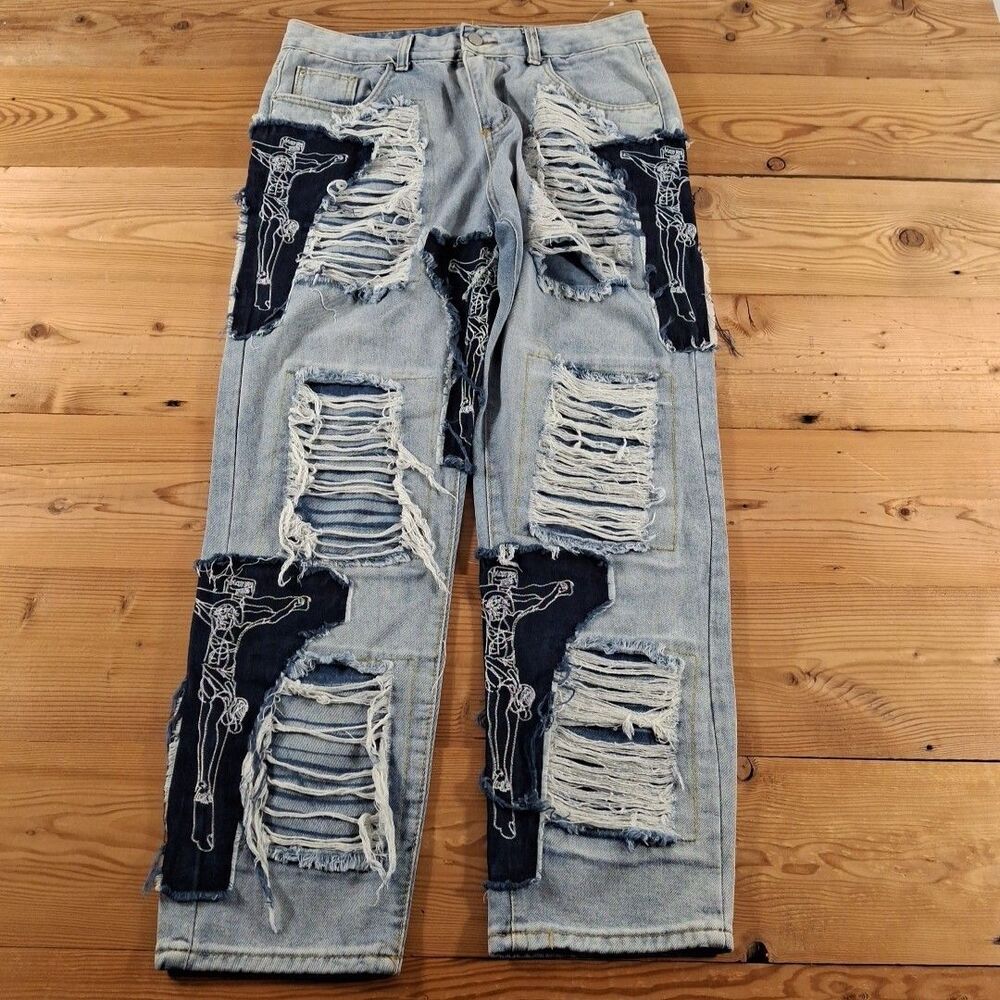 23 Jeans  38x30 Distressed Jesus On The Cross Jeans Mens Streetwear